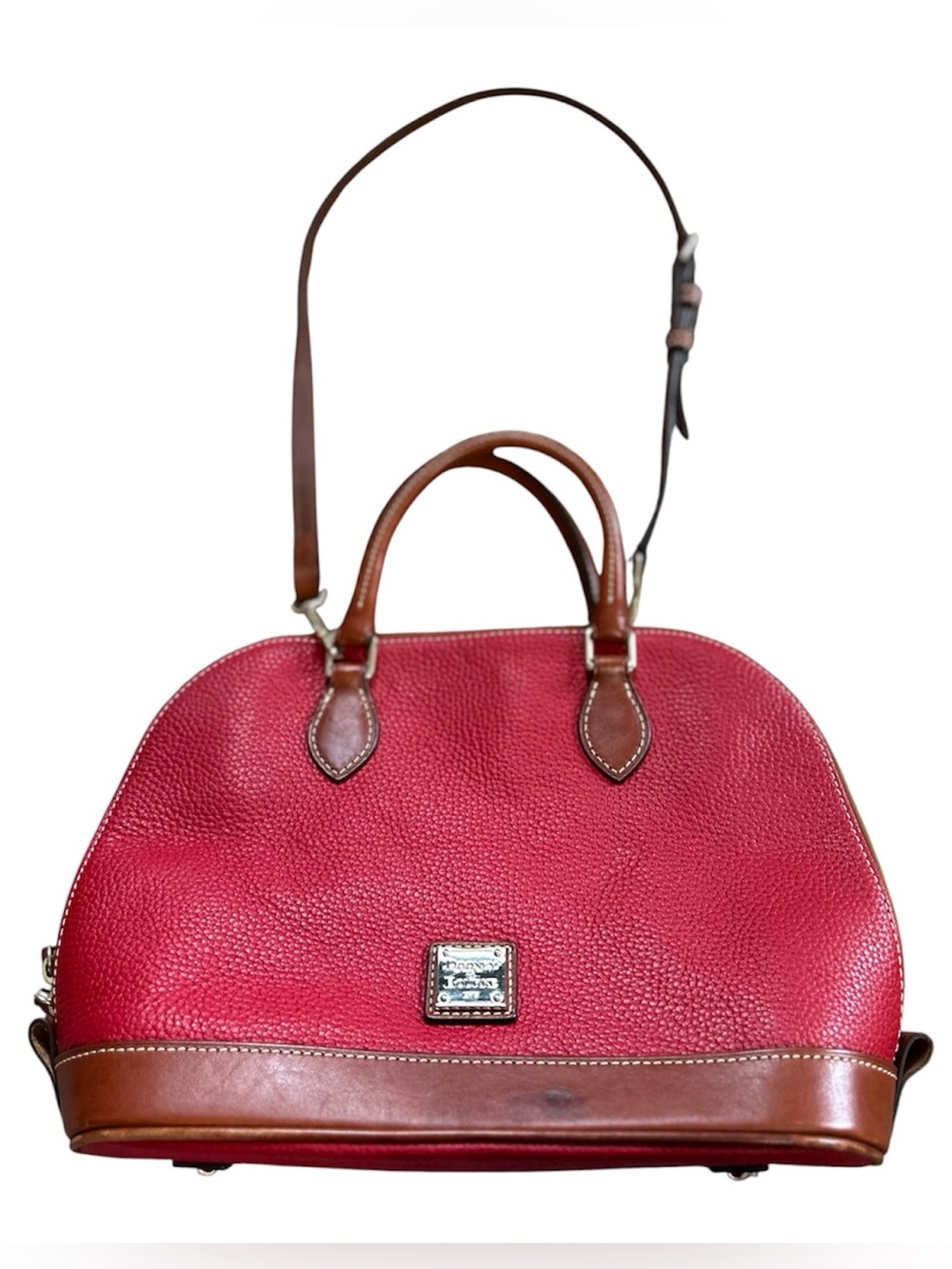 🆕Dooney & Bourke Red Pebbled Leather Satchel with Brown Trim and Strap